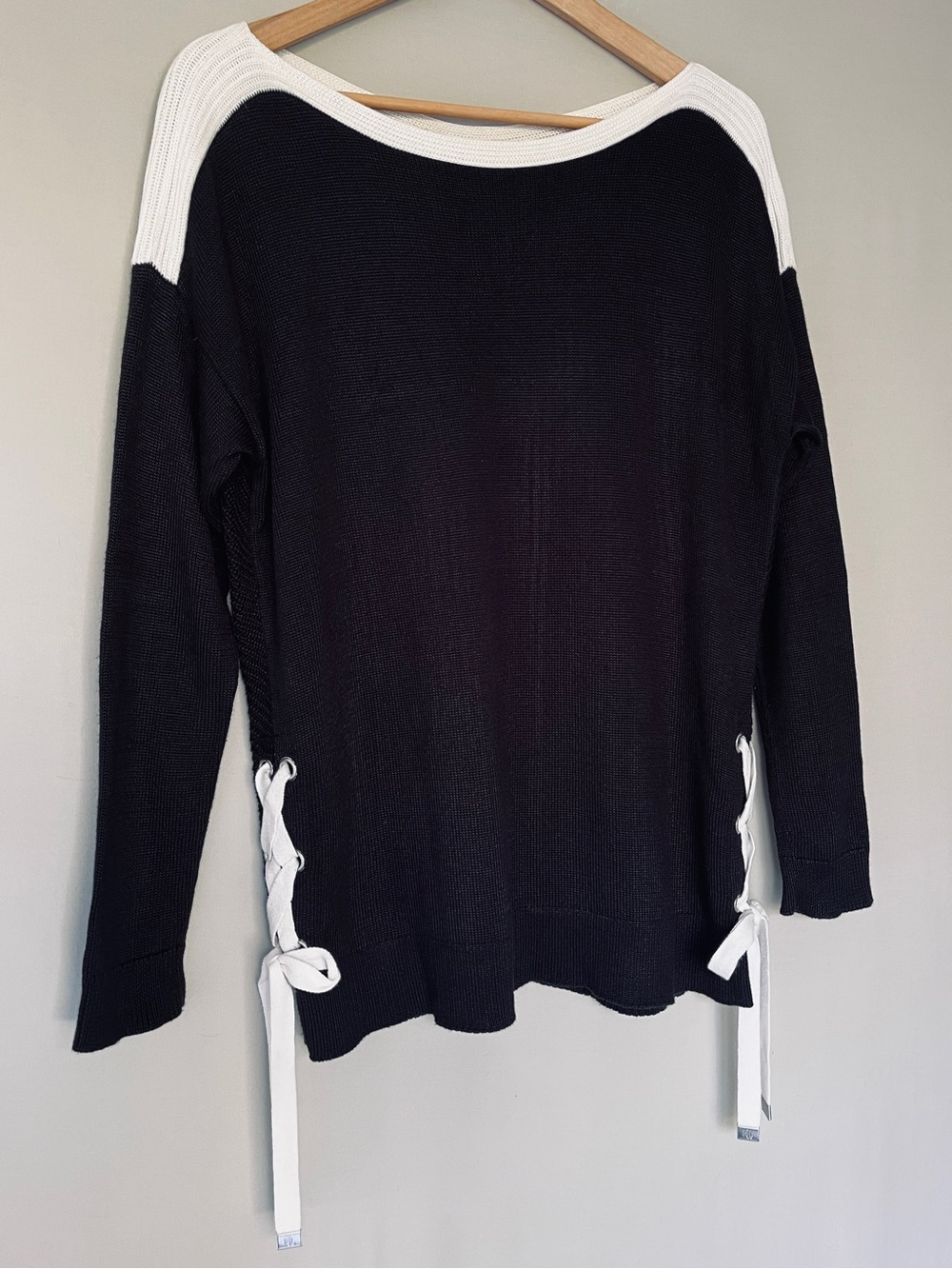 Lauren Ralph Lauren Color Block Lace-Up Sweater Longline Cotton Viscose Blend S